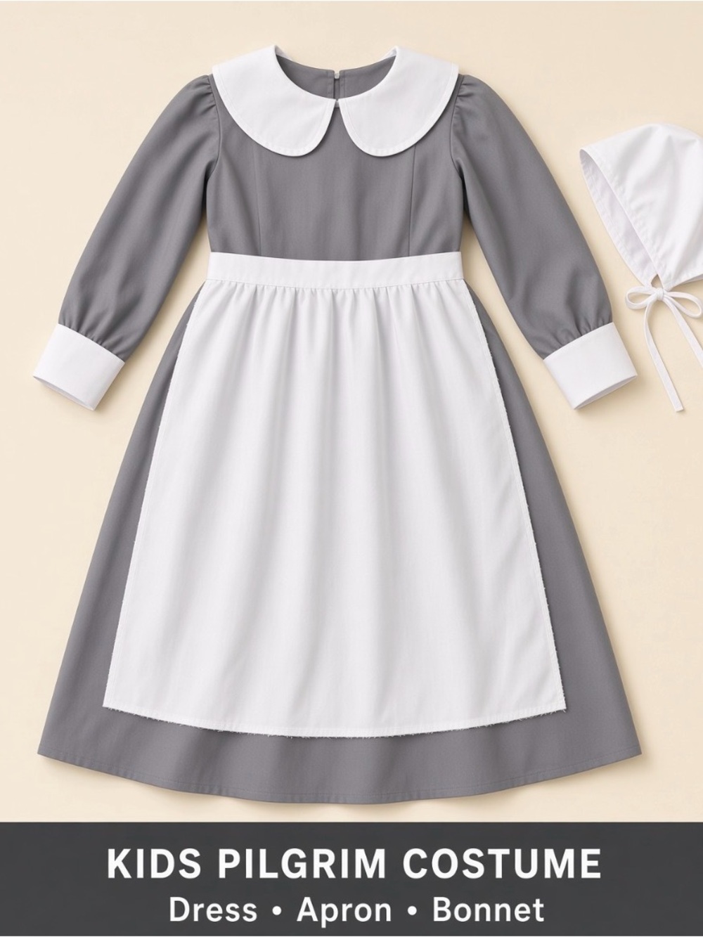 Girls Pilgrim Costume Dress Apron Bonnet Gray White Size M